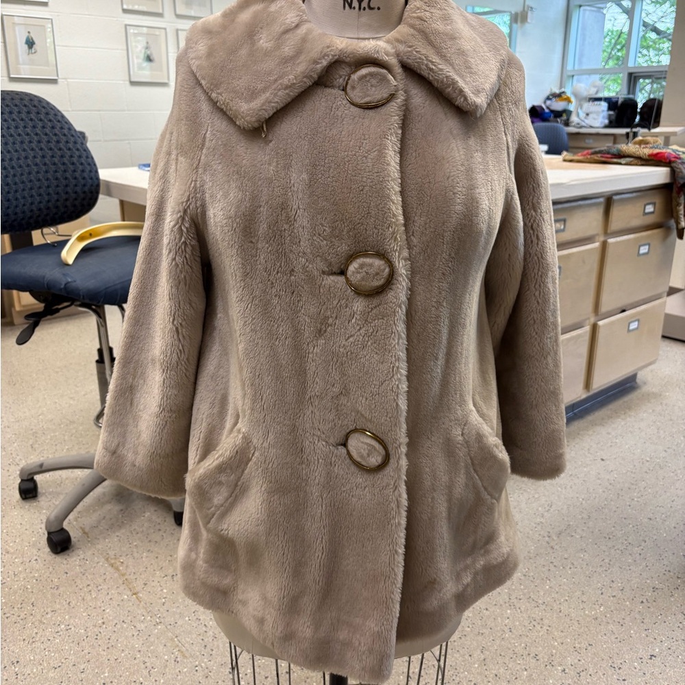 Vintage Real Fur Cream Mid-Length Coat w/ Gold Ring Buttons